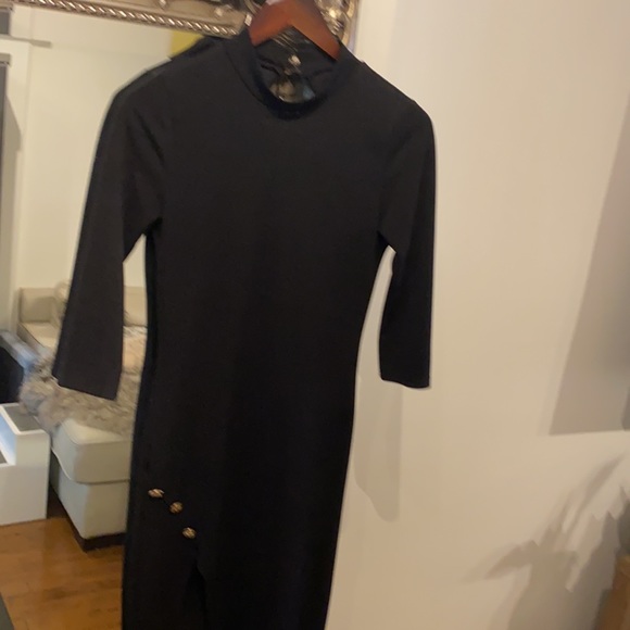 GORGEOUS High Thigh Slit Floor Length Dress Form Fitting with High Neckline - Picture 3 of 6